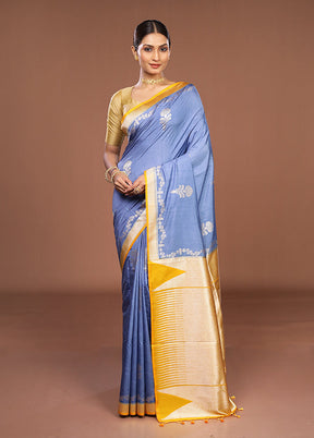 Blue Dupion Silk Saree With Blouse Piece