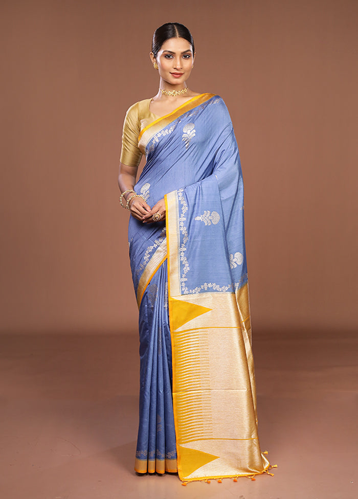 Blue Dupion Silk Saree With Blouse Piece