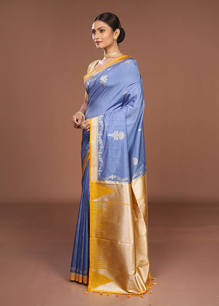 Blue Dupion Silk Saree With Blouse Piece