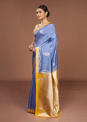 Blue Dupion Silk Saree With Blouse Piece