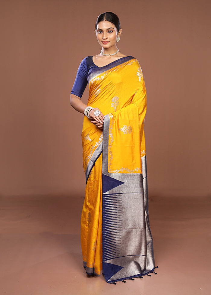 Yellow Dupion Silk Saree With Blouse Piece