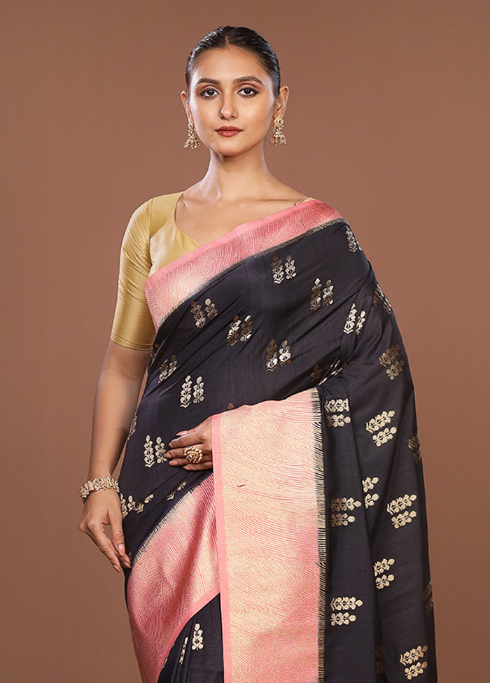 Black Dupion Silk Saree With Blouse Piece
