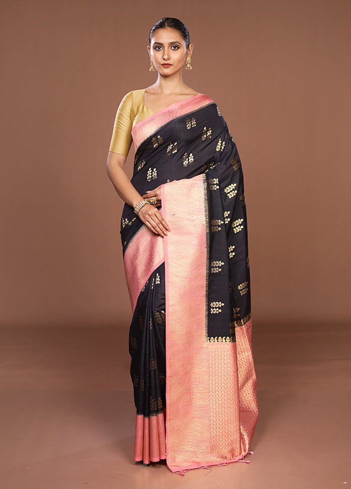 Black Dupion Silk Saree With Blouse Piece