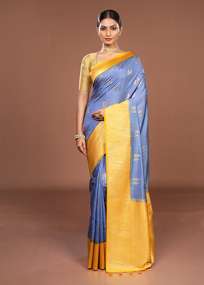 Blue Dupion Silk Saree With Blouse Piece