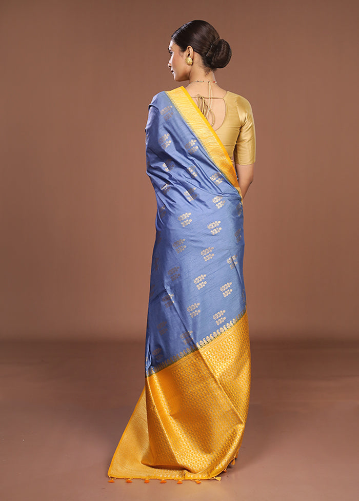 Blue Dupion Silk Saree With Blouse Piece