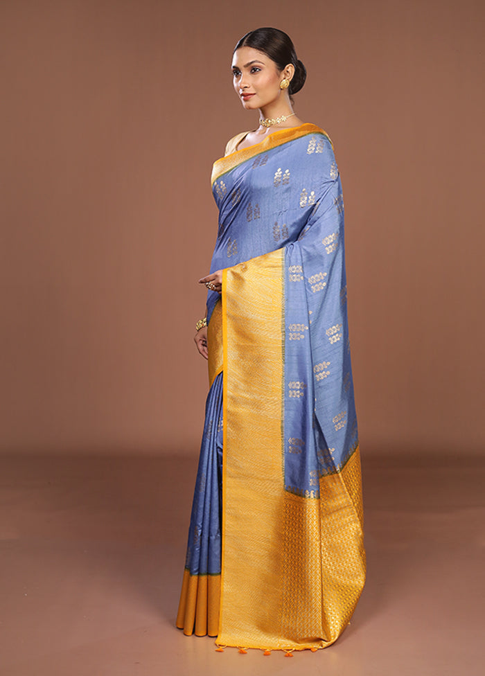 Blue Dupion Silk Saree With Blouse Piece