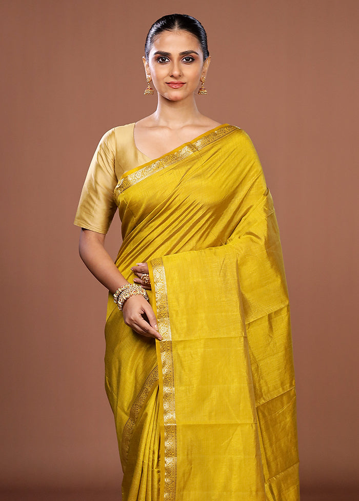 Yellow Dupion Silk Saree With Blouse Piece