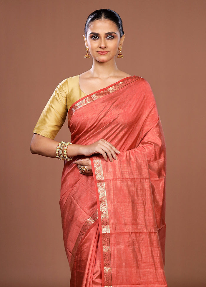 Peach Dupion Silk Saree With Blouse Piece
