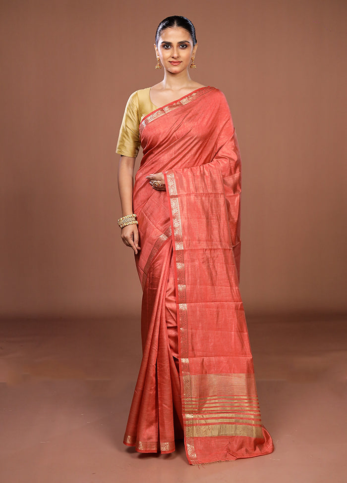 Peach Dupion Silk Saree With Blouse Piece
