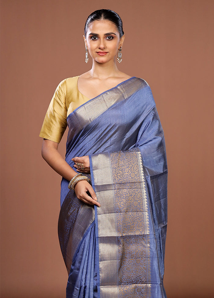 Blue Dupion Silk Saree With Blouse Piece