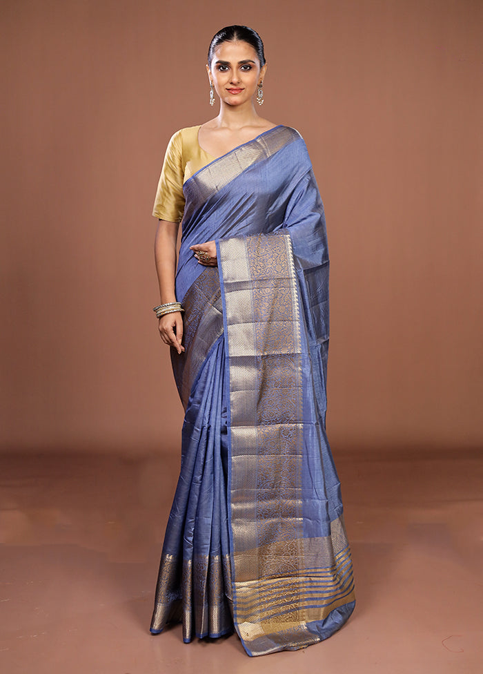 Blue Dupion Silk Saree With Blouse Piece