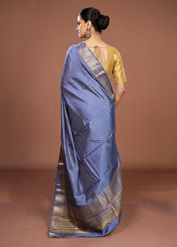 Blue Dupion Silk Saree With Blouse Piece