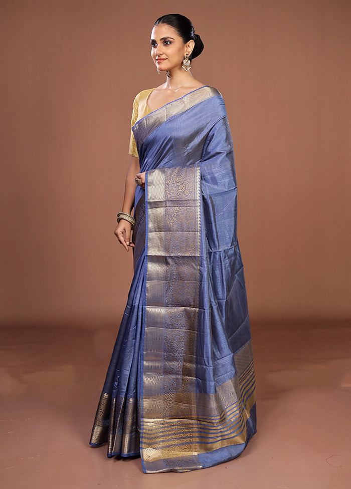 Blue Dupion Silk Saree With Blouse Piece