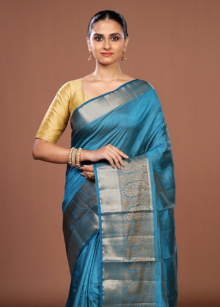 Blue Dupion Silk Saree With Blouse Piece