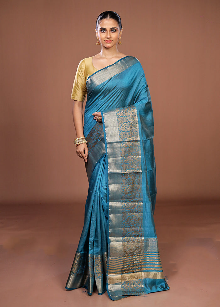 Blue Dupion Silk Saree With Blouse Piece