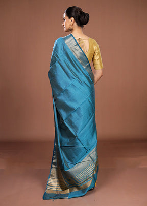 Blue Dupion Silk Saree With Blouse Piece