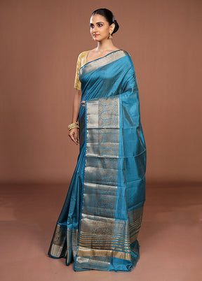 Blue Dupion Silk Saree With Blouse Piece