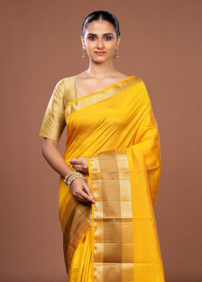 Yellow Dupion Silk Saree With Blouse Piece