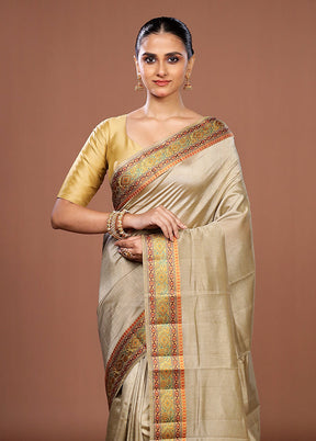 Cream Dupion Silk Saree With Blouse Piece