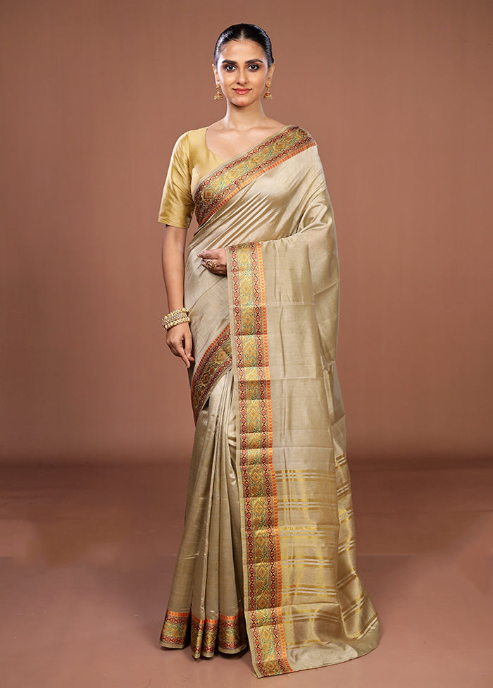 Cream Dupion Silk Saree With Blouse Piece