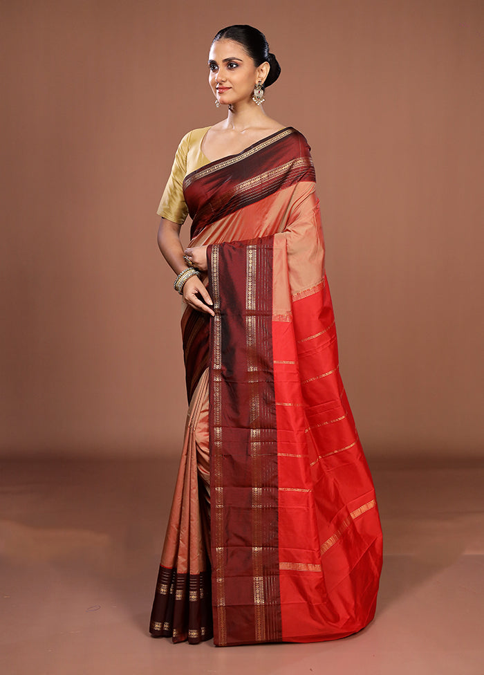 Peach Kanjivaram Silk Saree With Blouse Piece