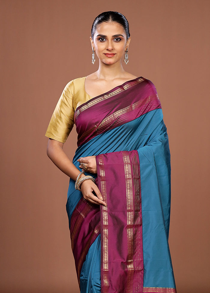 Blue Kanjivaram Silk Saree With Blouse Piece