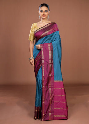 Blue Kanjivaram Silk Saree With Blouse Piece