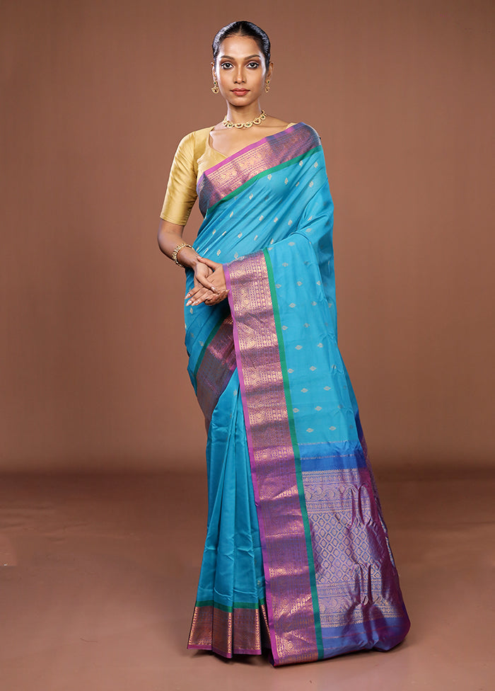 Blue Gadwal Pure Silk Saree Without Blouse Piece