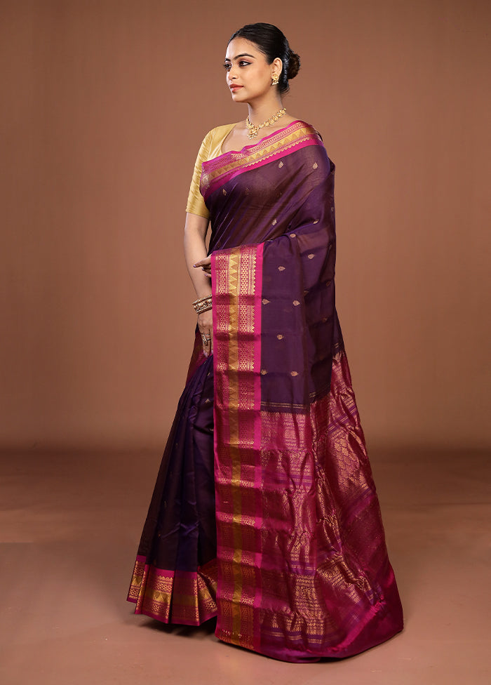 Purple Gadwal Pure Silk Saree Without Blouse Piece