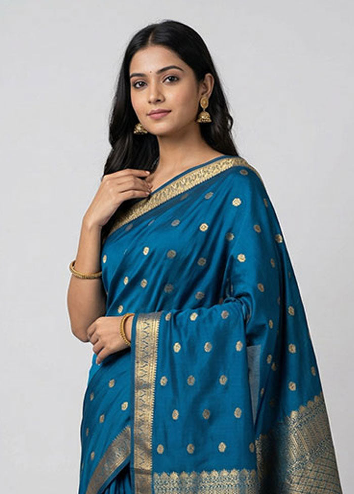 Blue Kanjivaram Silk Saree With Blouse Piece