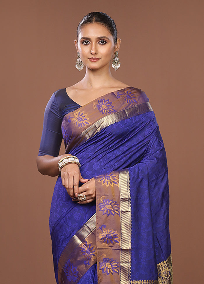 Blue Kanjivaram Silk Saree With Blouse Piece