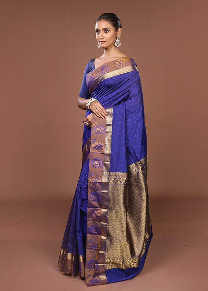 Blue Kanjivaram Silk Saree With Blouse Piece