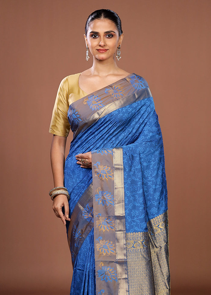 Blue Kanjivaram Silk Saree With Blouse Piece