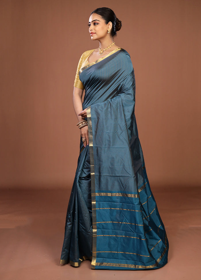 Blue Kanjivaram Silk Saree With Blouse Piece