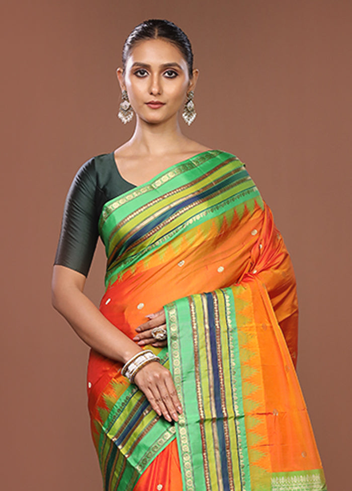 Orange Kanjivaram Silk Saree With Blouse Piece