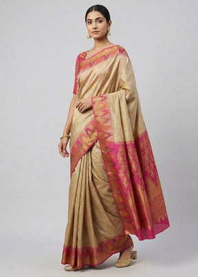 Cream Handloom Kanjivaram Pure Silk Saree With Blouse Piece
