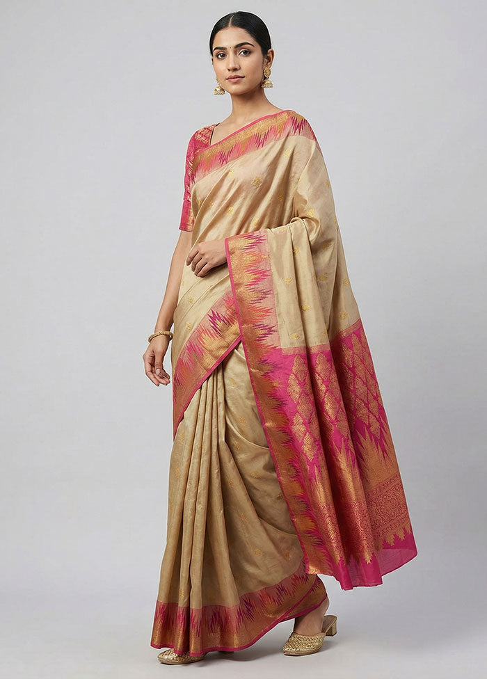Cream Handloom Kanjivaram Pure Silk Saree With Blouse Piece