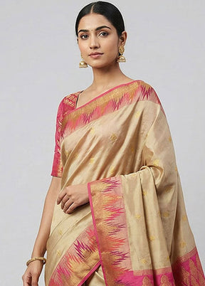 Cream Handloom Kanjivaram Pure Silk Saree With Blouse Piece