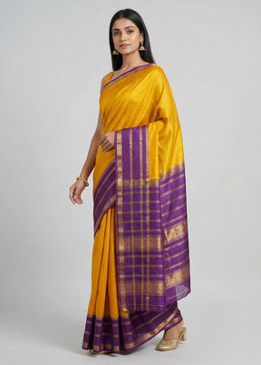 Yellow Handloom Kanjivaram Pure Silk Saree With Blouse Piece