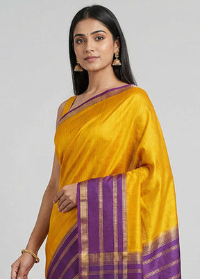 Yellow Handloom Kanjivaram Pure Silk Saree With Blouse Piece