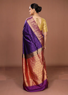 Blue Handloom Kanjivaram Pure Silk Saree With Blouse Piece