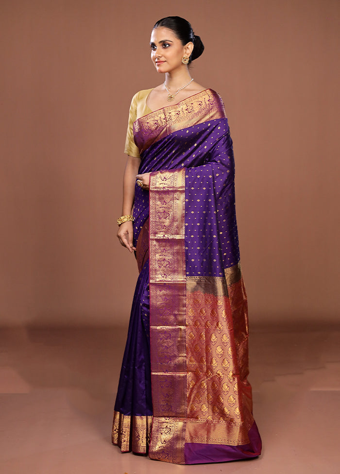 Blue Handloom Kanjivaram Pure Silk Saree With Blouse Piece