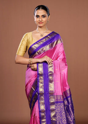 Pink Handloom Kanjivaram Pure Silk Saree With Blouse Piece