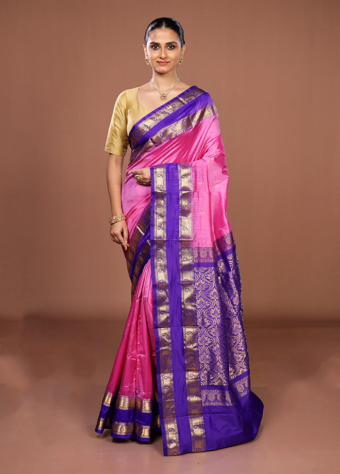 Pink Handloom Kanjivaram Pure Silk Saree With Blouse Piece