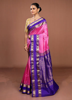Pink Handloom Kanjivaram Pure Silk Saree With Blouse Piece
