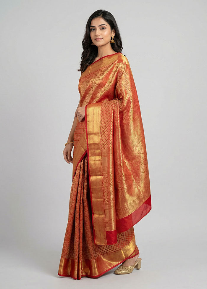 Red Handloom Kanchipuram Pure Silk Saree With Blouse Piece