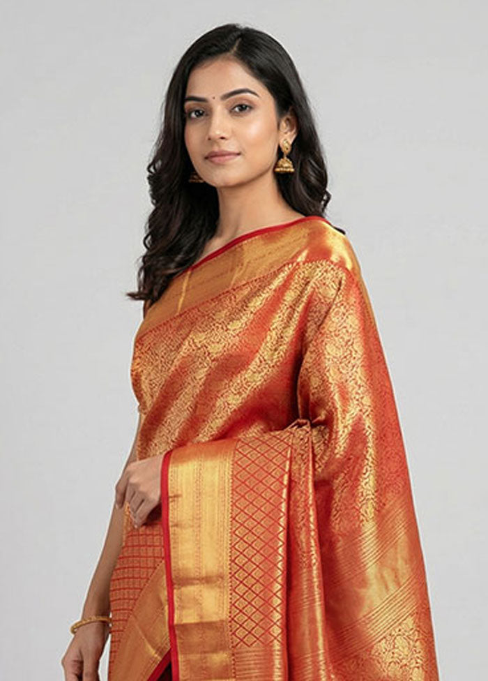 Red Handloom Kanchipuram Pure Silk Saree With Blouse Piece