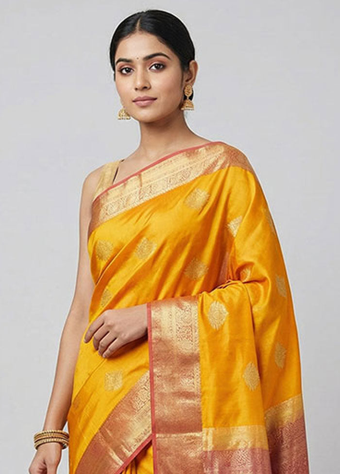 Yellow Handloom Kanchipuram Pure Silk Saree With Blouse Piece