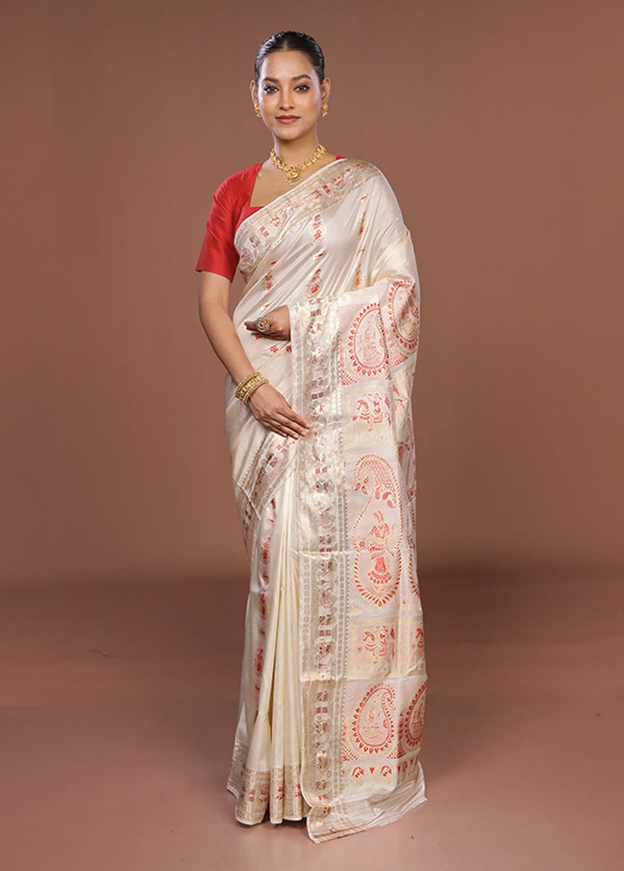 White Handloom Baluchari Pure Silk Saree With Blouse Piece
