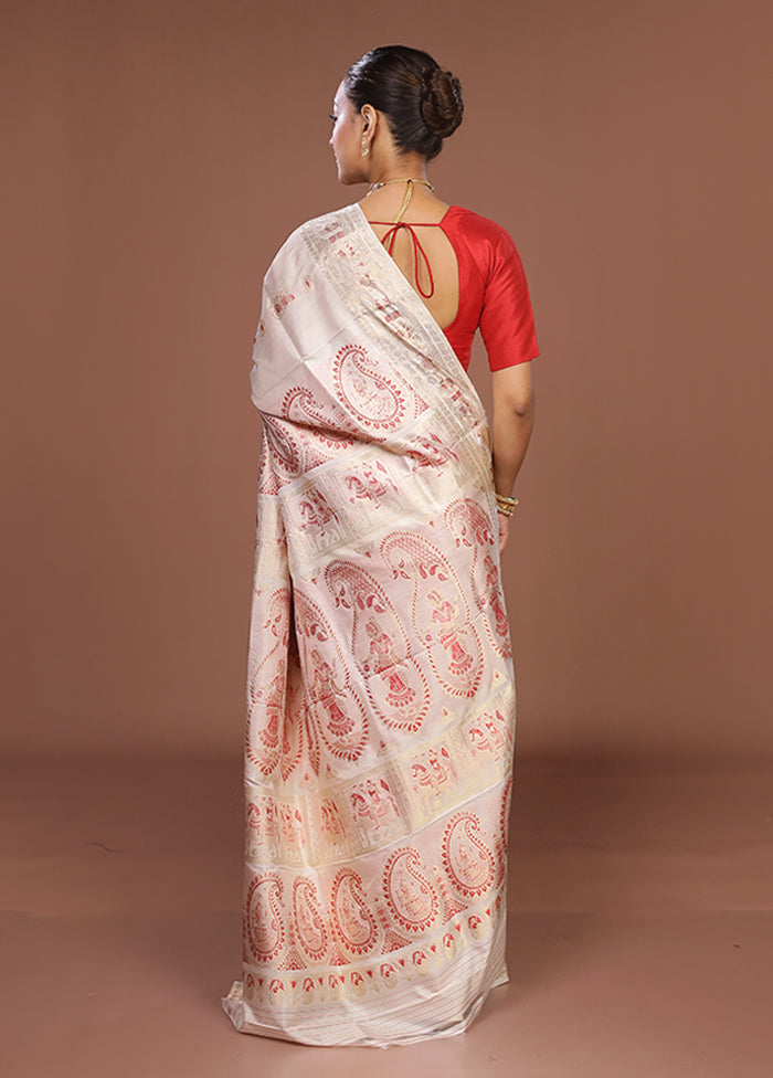White Handloom Baluchari Pure Silk Saree With Blouse Piece